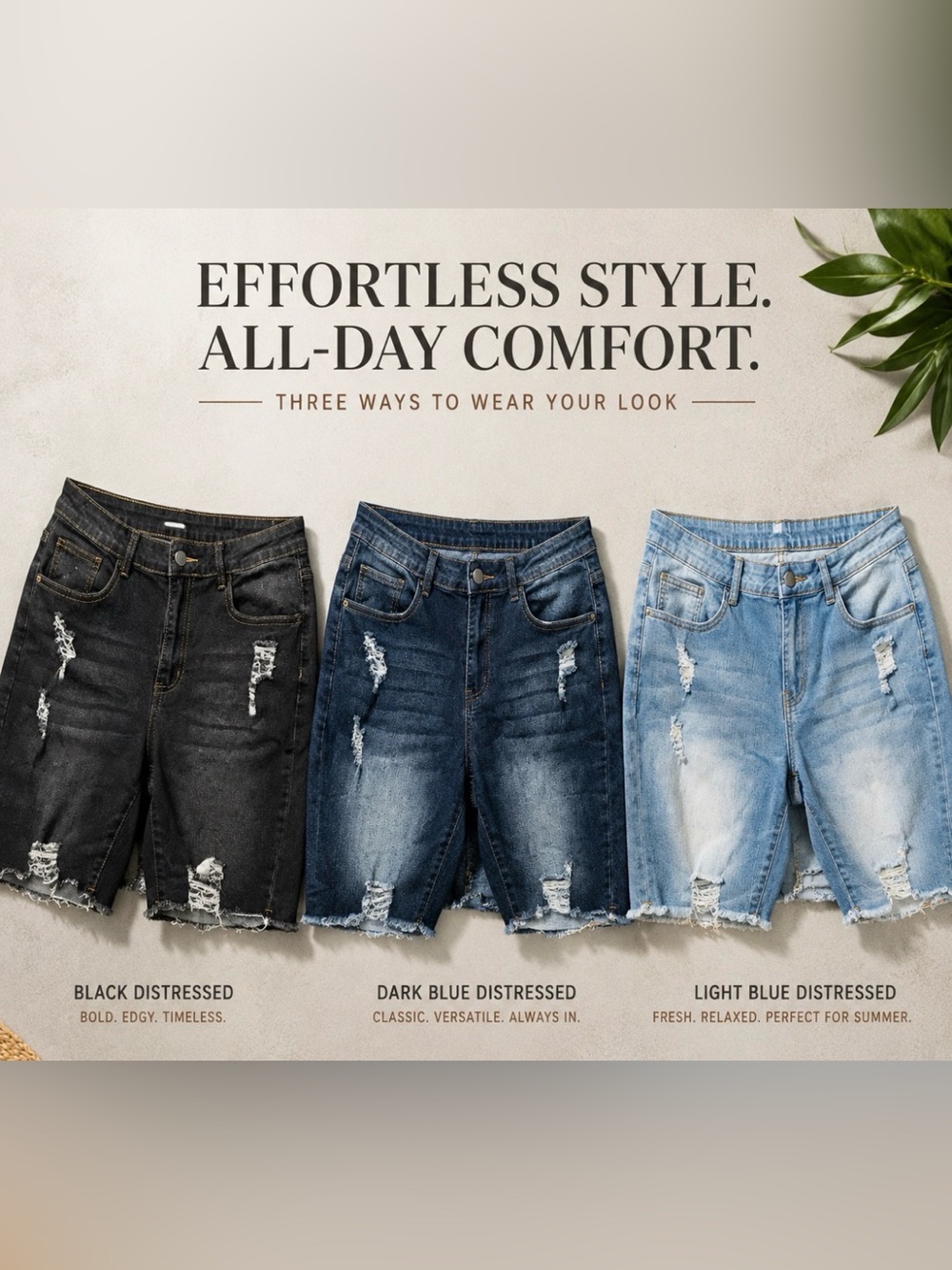 Women’s Distressed Denim Shorts - Black, Blue & Light Blue